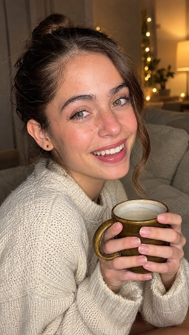 Nora laughing on the couch with a mug of coffee